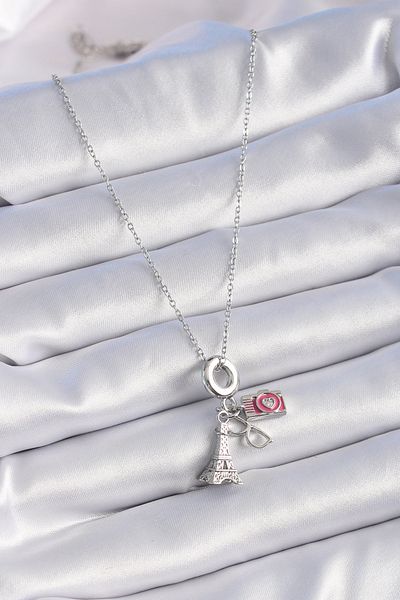 Skygo 316L Steel Silver Color Eiffel Tower Camera Model Charm Women's Necklace - Tj-Bko9307