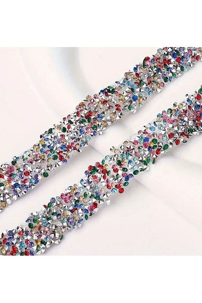 OZN AKSESUAR Iron-On Rhinestone Ribbon, Adhesive Rhinestone Ribbon Evening Dress Rhinestone Ribbon Stone Trim 2 Mt 1.5cm Colorful