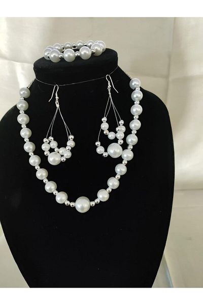 MODAMAYS 3Pcs White Color Pearl Women's Special Design Jewelry Set Earrings Necklace and Bracelet B2574M