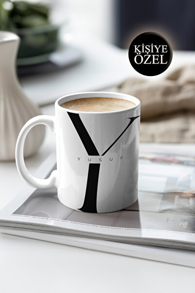 House Gorgeous Kişiye Özel Y Harfi ve İsim Yazılı Siyah Renkli Tasarım Kupa B...