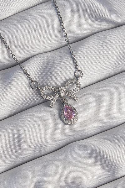 Skygo 316L Steel Silver Color Bow Detail Pink Zircon Stone Drop Necklace - Tj-Bko8921