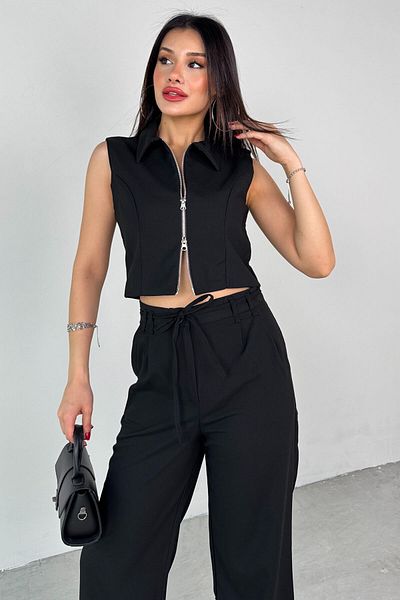 Cappmoda Tkm-25102 Black Zero Sleeve Zipper Shirt Collar Vest High Waist Pants Two-Piece Set