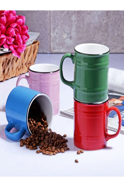 Kosova Keramika Seramik Çift Renk Varil Desen Kupa Yeşil Pembe Kırmızı Mavi