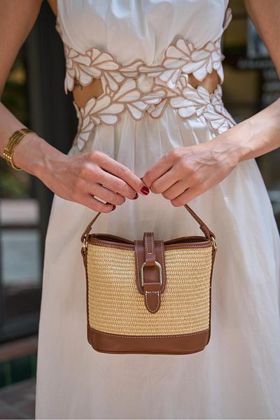 Madamra Tan Wicker Women's Modern Design Buckle Hand and Shoulder Bag