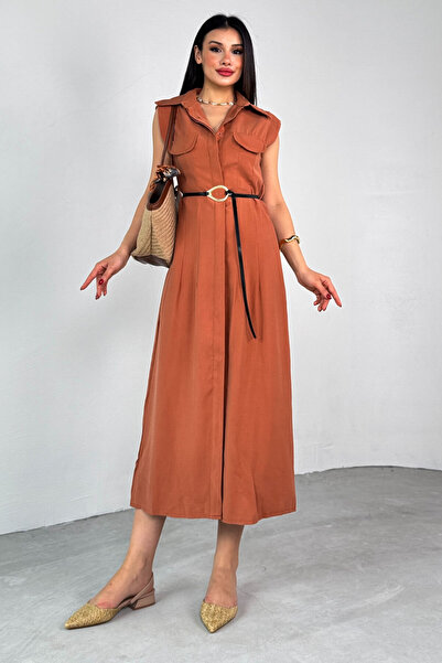 Cappmoda ELB-01783 Καλοκαιρινό φόρεμα με γιακά πουκάμισο με ζώνη μαύρισμα με τσέπη μηδενικό μανίκι