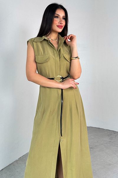 Cappmoda ELB-01783 Χακί Ζώνη Πουκάμισο γιακά Τσέπη Μηδενικό Μανίκι Καλοκαιρινό Φόρεμα