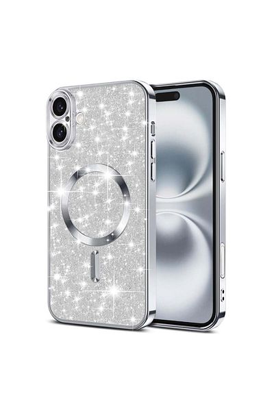 SKYDDAR INNOVATION Case for IPhone 16, Luxury Glitter Magsafe, Shockproof, Raised Edges, Silver, Sticker Set