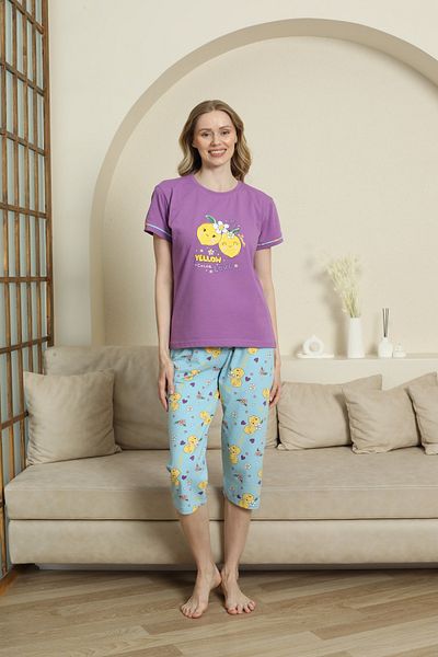 KAPİTEX Mother Daughter Short Sleeve Crew Neck Printed Lemon Purple Pajamas Set