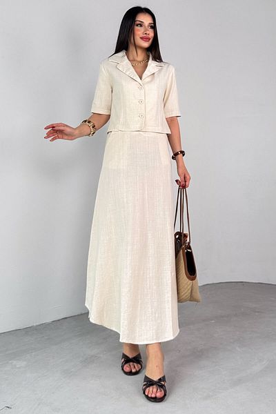 Cappmoda TKM-25111 Κρεμ πουκάμισο με μισό μανίκι γιακά με κουμπιά Crop Top ψηλόμεση φούστα σε γραμμή Α