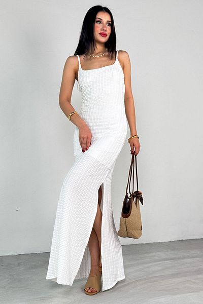 Cappmoda ELB-01782 Λευκό λεπτό λουράκι πλεκτό μακρύ φόρεμα