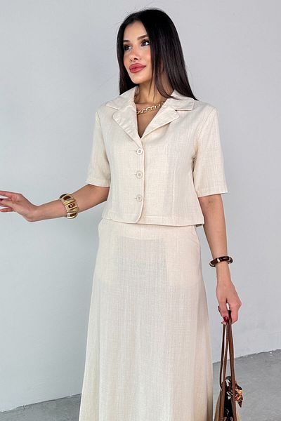 Cappmoda TKM-25111 Κρεμ πουκάμισο με μισό μανίκι γιακά με κουμπιά Crop Top ψηλόμεση φούστα σε γραμμή Α