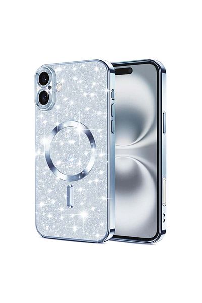 SKYDDAR INNOVATION Carcasă pentru iPhone 16, Magsafe de lux cu sclipici, rezistentă la șocuri, margini ridicate, albastră, set de autocolante