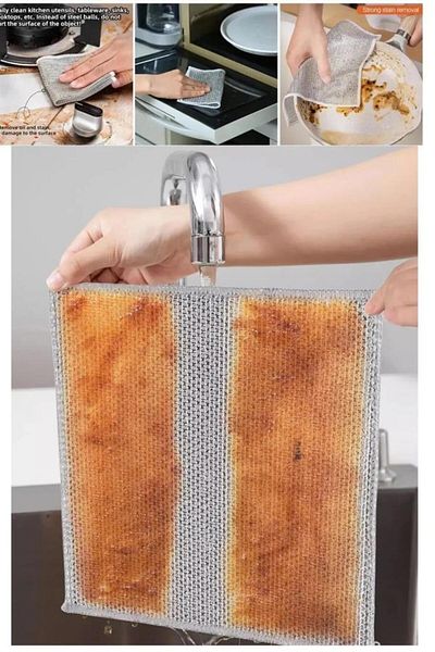Pisicik 2Pcs Practical Multipurpose Stainless Wire Dishcloth Dirt Rust Remover Magic Cleaning Cloth Double Layers