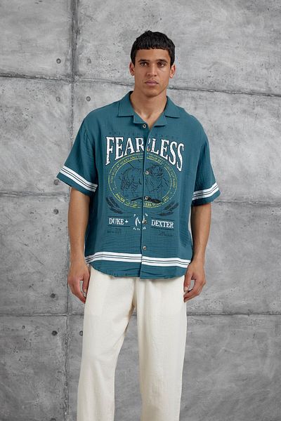 NOMARC Cămașă oversize cu imprimeu FearLess albastră