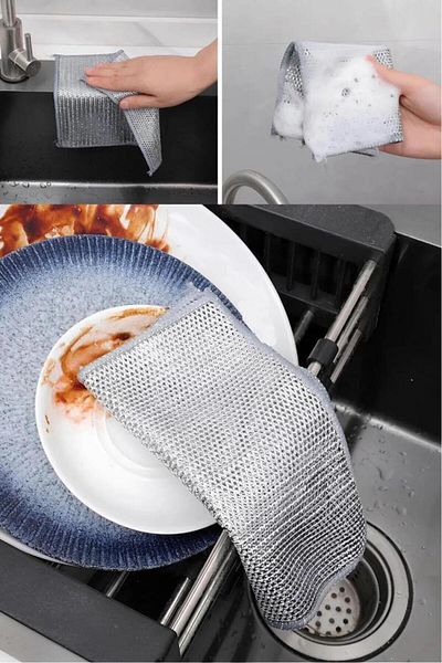 Pisicik 2Pcs Practical Multipurpose Stainless Wire Dishcloth Dirt Rust Remover Magic Cleaning Cloth Double Layers