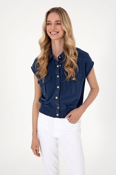 U.S. Polo Assn. Women's Navy Blue Modal Blended Short Sleeve Polo Neck Sweatshirt 50300763-Vr033