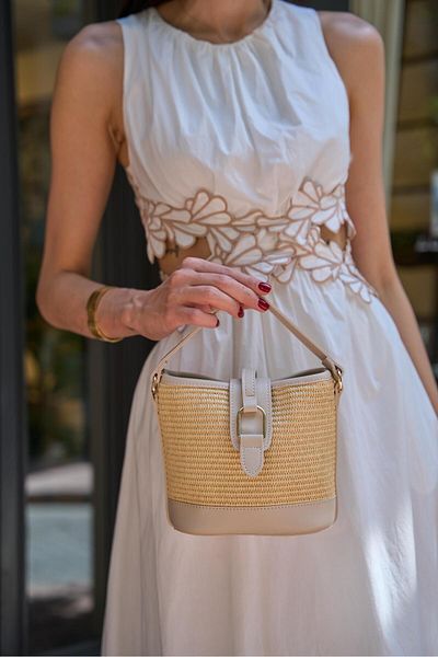 Madamra Cream Wicker Women's Modern Design Buckle Hand and Shoulder Bag