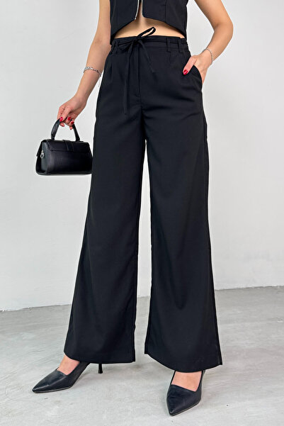 Cappmoda Tkm-25102 Black Zero Sleeve Zipper Shirt Collar Vest High Waist Pants Two-Piece Set