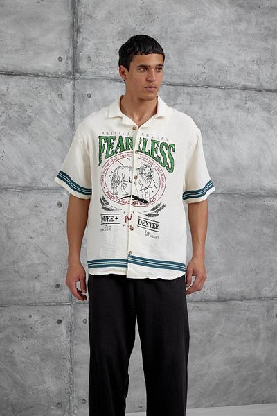 NOMARC Κρεμ πουκάμισο με στάμπα FearLess Oversize