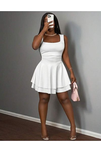 MAROVOAY Plus Size Mini Flared Dress with Drawstring Waist
