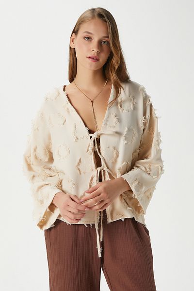 Ritnice Cămașă kimono bej cu șireturi Harmony pentru femei