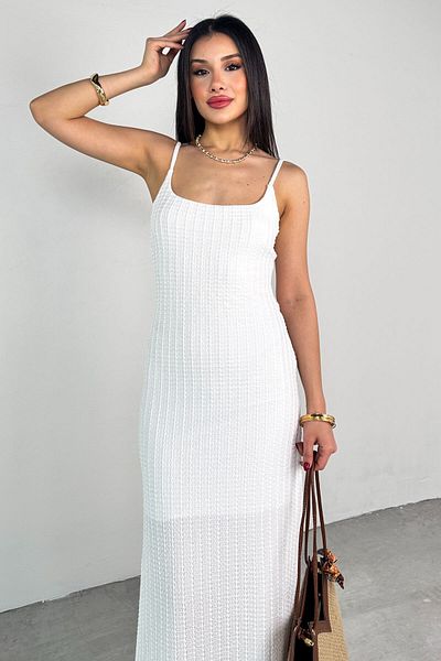 Cappmoda ELB-01782 Λευκό λεπτό λουράκι πλεκτό μακρύ φόρεμα