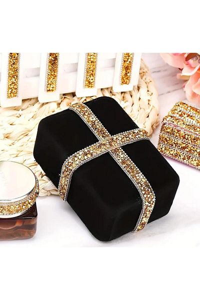 OZN AKSESUAR Iron-On Chain Rhinestone Strip, Adhesive Rhinestone Strip Evening Dress Rhinestone Strip, 2 Mt 1,5cm Gold
