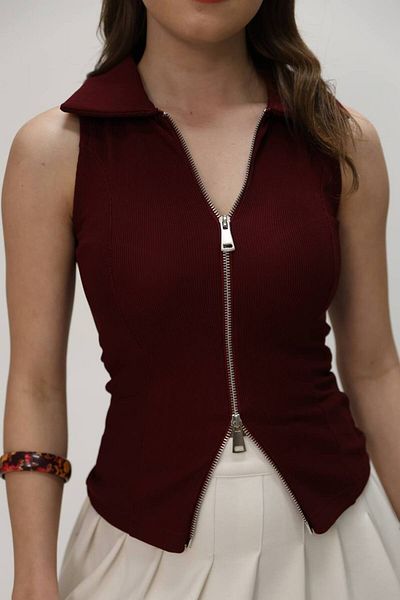 YONEZ MODA Women's Comfortable Fit Polo Neck Ottoman Fabric Zero Sleeve Double Zipper Vest