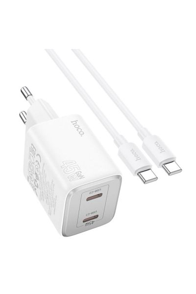 REDz Accessories Set adaptor HOCO N42 și cablu Type-C, pentru iPhone 15/16 și Android, putere 45W, alb