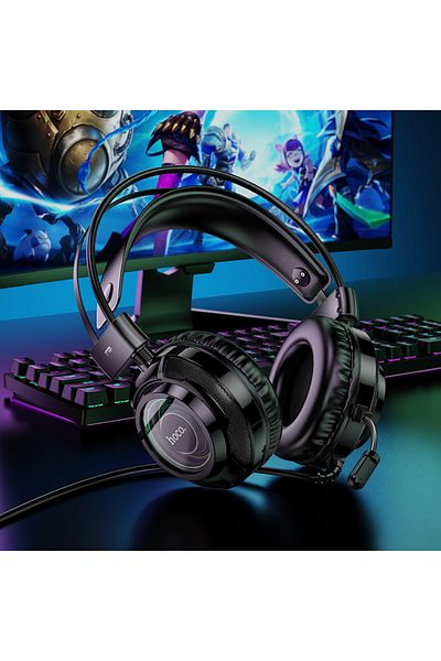 REDz Accessories HOCO W110 Gaming Headset, 2M Cable with USB and AUX, Omnidirectional Microphone, RGB Lights, Black