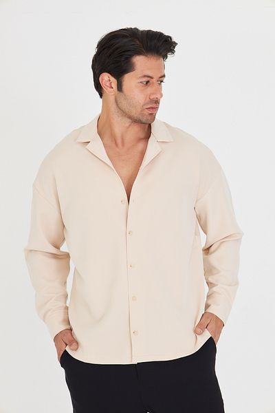 ZİNOX Men's Long Sleeve Lycra Dumbbell Fabric Apache Collar Low Shoulder Oversize Shirt