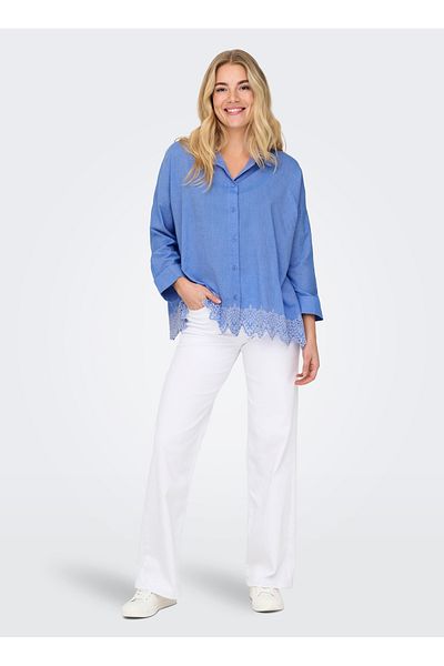 ONLY Casual Shirt Collar Solid Blue Women's Shirt Onlgraces Jumpsuit Ls Emb Shirt Wvn