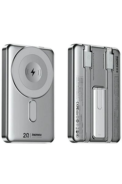 REDz Accessories Remax CX-2 Magnetic Battery, 15W Wireless, Lightning and Type-C Cables, 10,000mAh, Stand, Gray