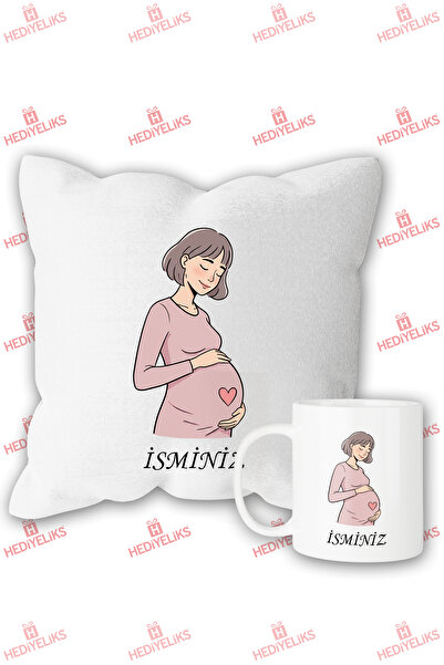 HEDİYELİKS Hamile Kadın Tasarımı Bebek Temalı İsimli Kişiye Özel Yastık ve Kupa Bardak Seti
