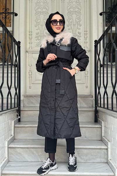 Kayra Baklava Pattern Faux Fur Coat Ka-A24-27306 Black