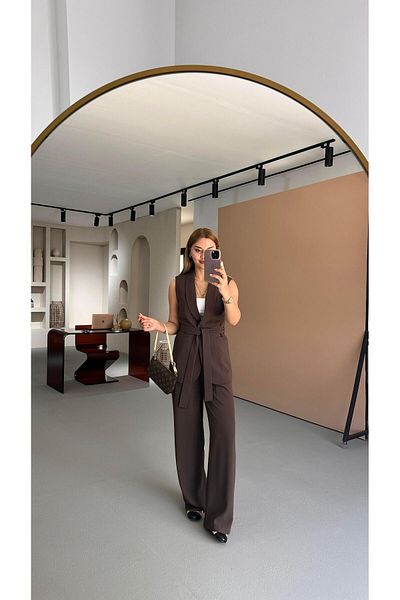 Sezgi Tekin Belted Vest Elastic Waist Palazzo Trousers Brown Set
