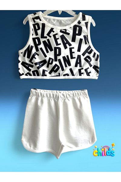 childs Girls' Summer Suit with Double Shorts Crop Pineapple Printed Cotton T-Shirt Combed Cotton Short Shorts Suit
