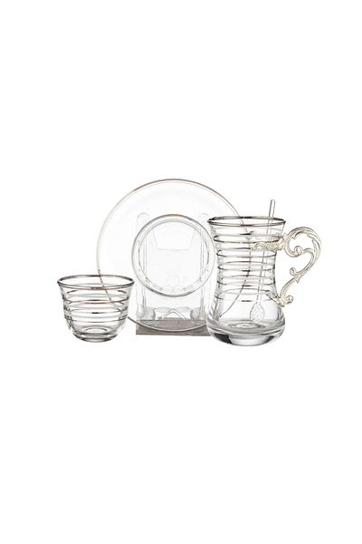 Dania 48-piece silver-striped glass tea and coffee cup set with metal handle for 12 people