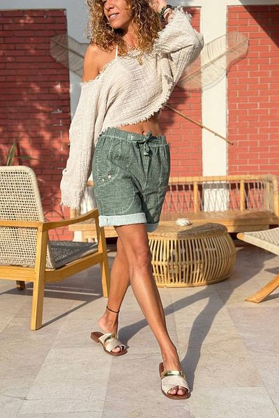 Güneşkızı Khaki Pocket Washed Elastic Waist Loose Woven Shorts 50 30
