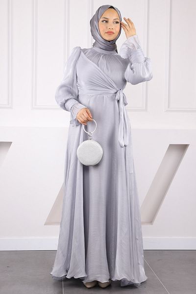İmajButik Gray Side Tie Sleeve Detailed Evening Dress
