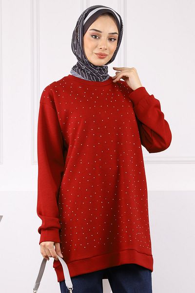 İmajButik Burgundy Crew Neck Stone Modal Tunic