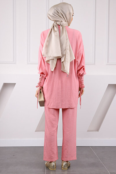İmajButik Pink Modal Tunic Trousers Suit with Lace-Up Sleeves and Waist