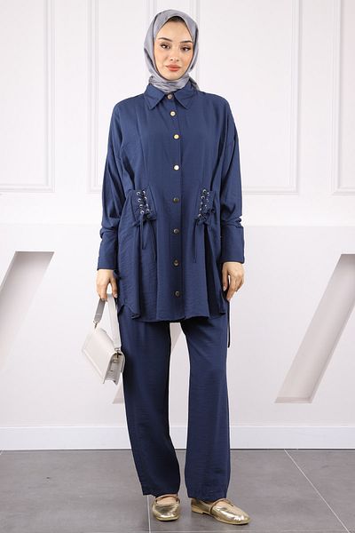 İmajButik Σετ παντελόνι Modal Tunic με μανίκια και κορδόνια σε μπλε ναυτικό