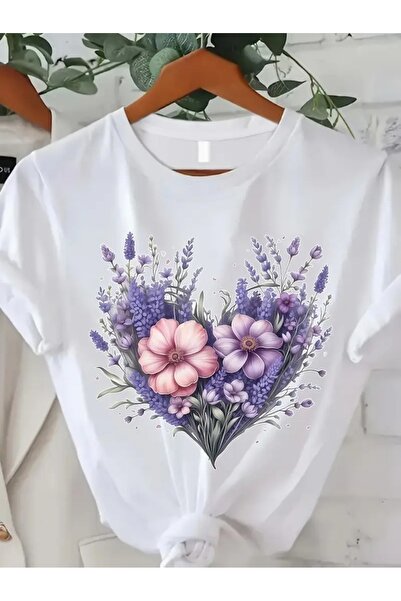 PENTHİLUS Women's Purple Heart Print T-Shirt, Casual Round Neck Top
