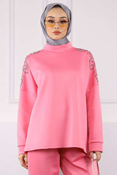 İmajButik Pink Shoulder Stone Scuba Suit