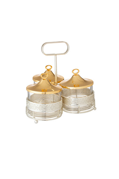 Dania Elegantly designed stand for dates, sweets and nuts, 3 compartments, silver and gold