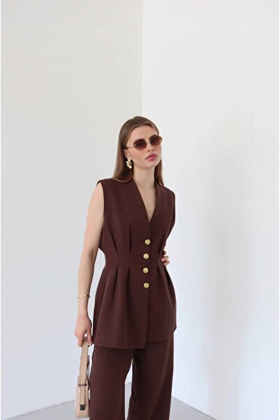 VOLT CLOTHİNG Women's Waist Fitted Gold Button Detailed Lined Vest Set