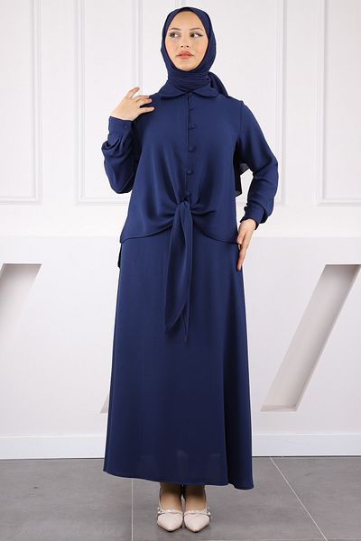 İmajButik Σκούρο μπλε μπροστινό δεμένο πουκάμισο κοστούμι φούστα