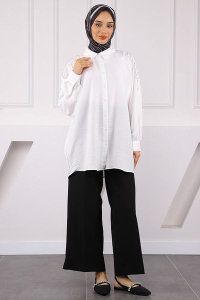 İmajButik Ecru Sequin Embroidered Buttoned Shirt