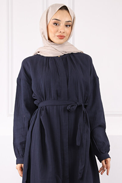 İmajButik Φόρεμα μουσελίνας με μπλε ναυτικό μέση